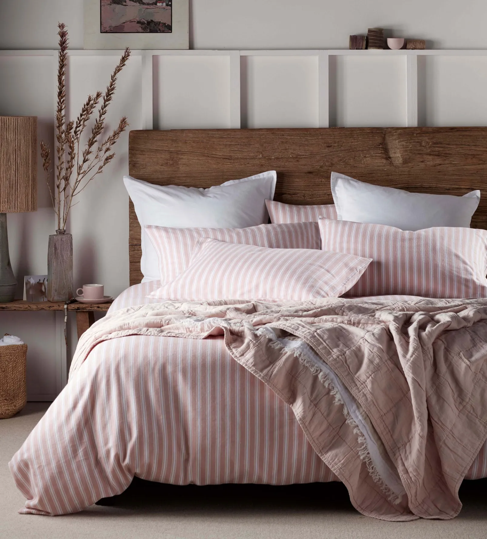 Blush Pink Fred Stripe Brushed 100% Organic Cotton Duvet Cover