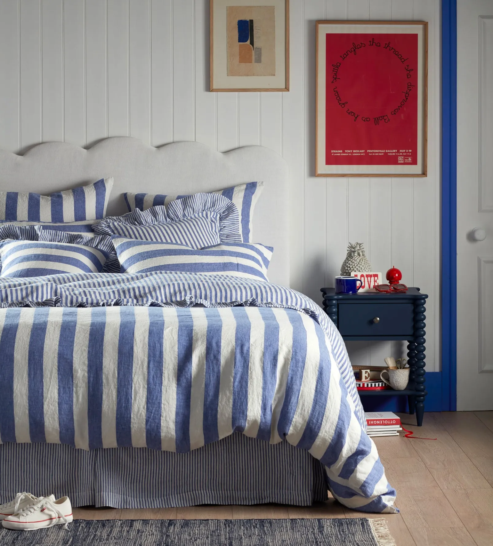 Cobalt Cora Mid Stripe 100% Linen Frill Edge Cushion Cover
