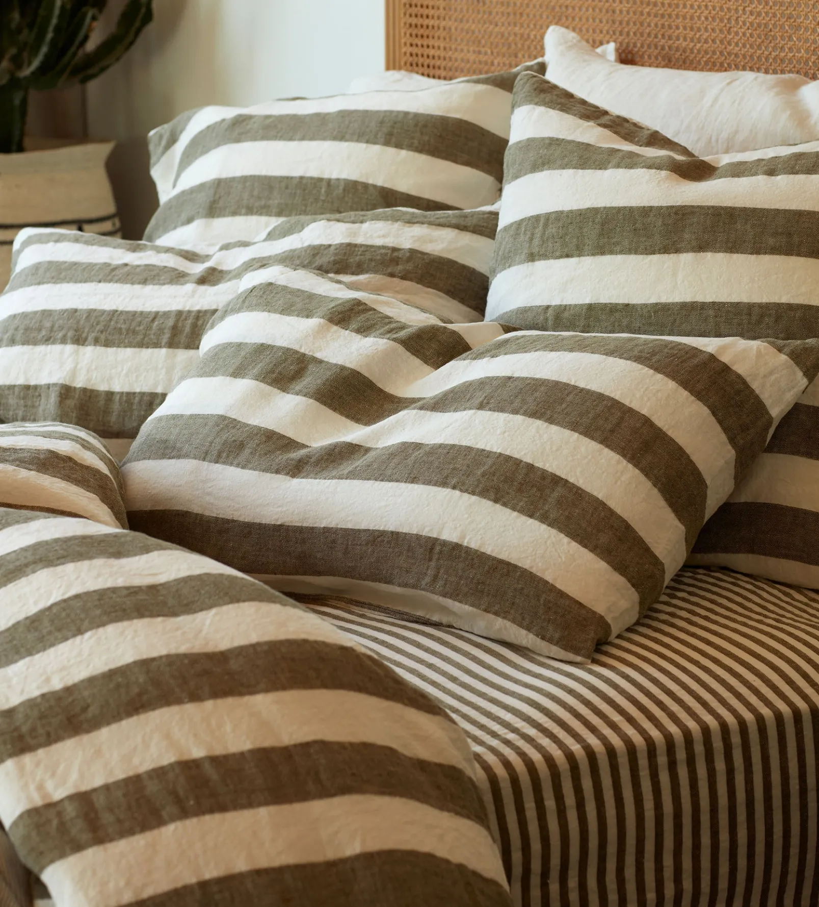 Dark Olive Cora Stripe 100% Linen Fitted Sheet