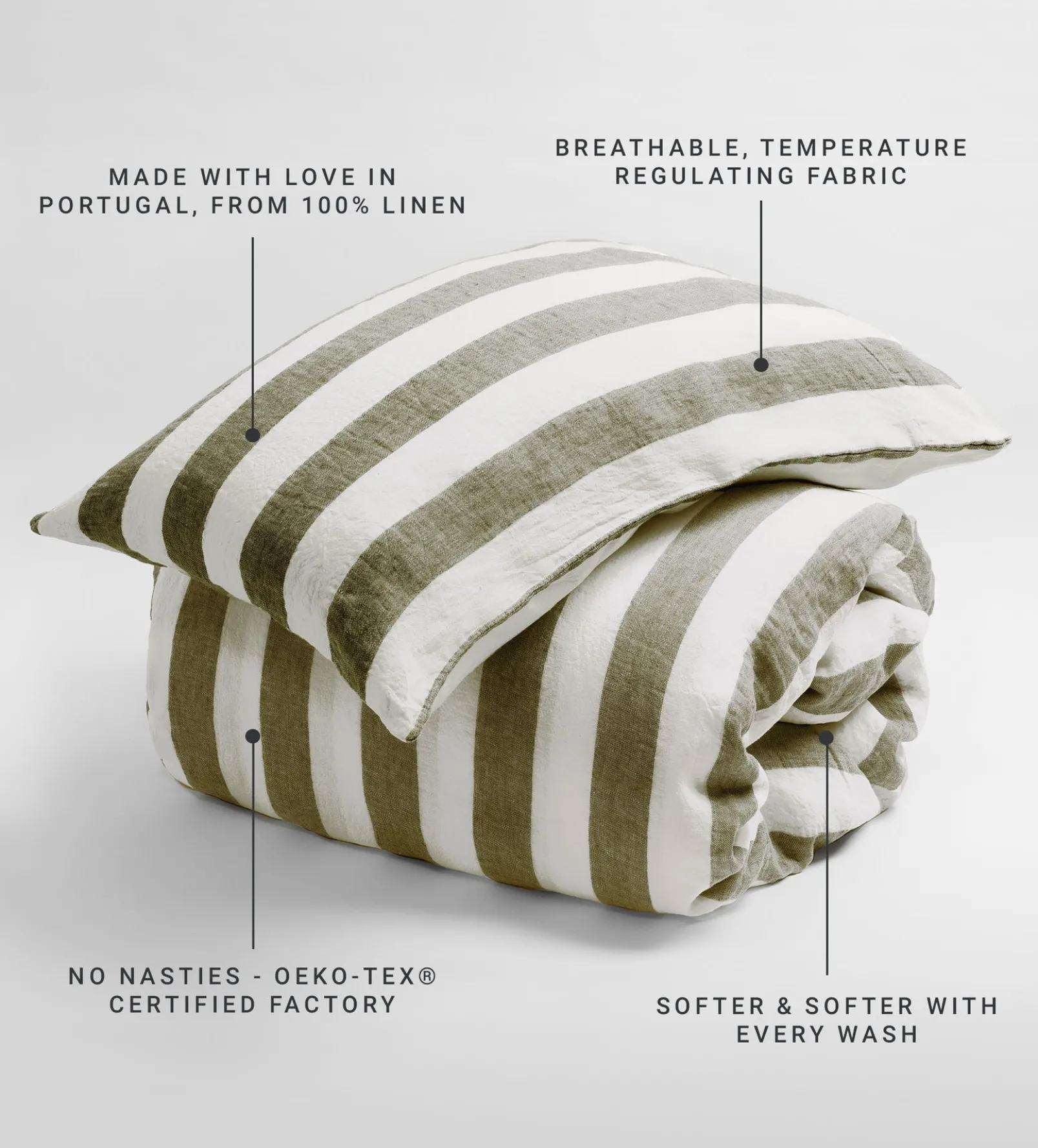 Dark Olive Cora Stripe 100% Linen Duvet Cover