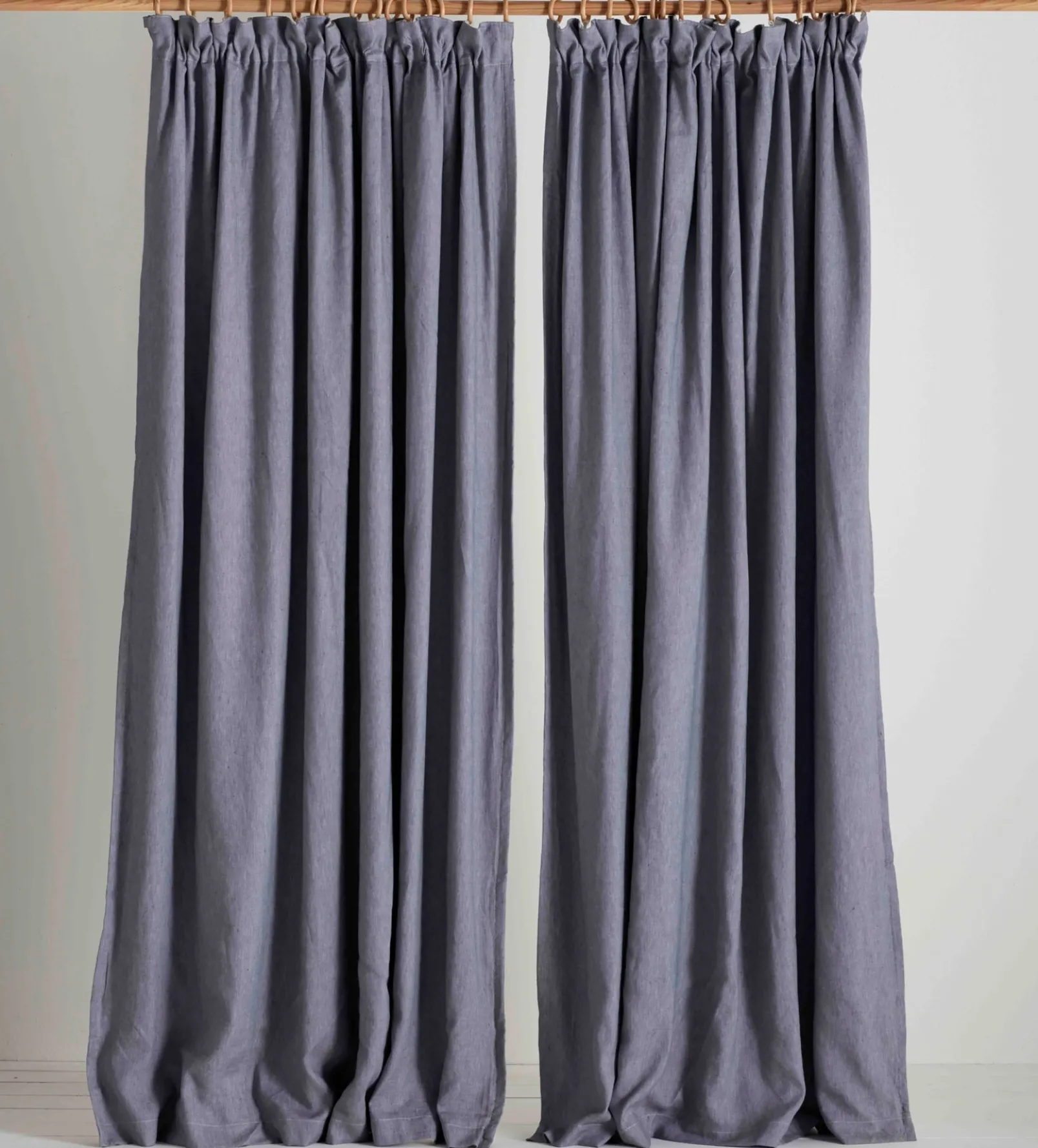 French Blue Twill Cotton Linen Blackout Pencil Pleat Curtains (Pair)