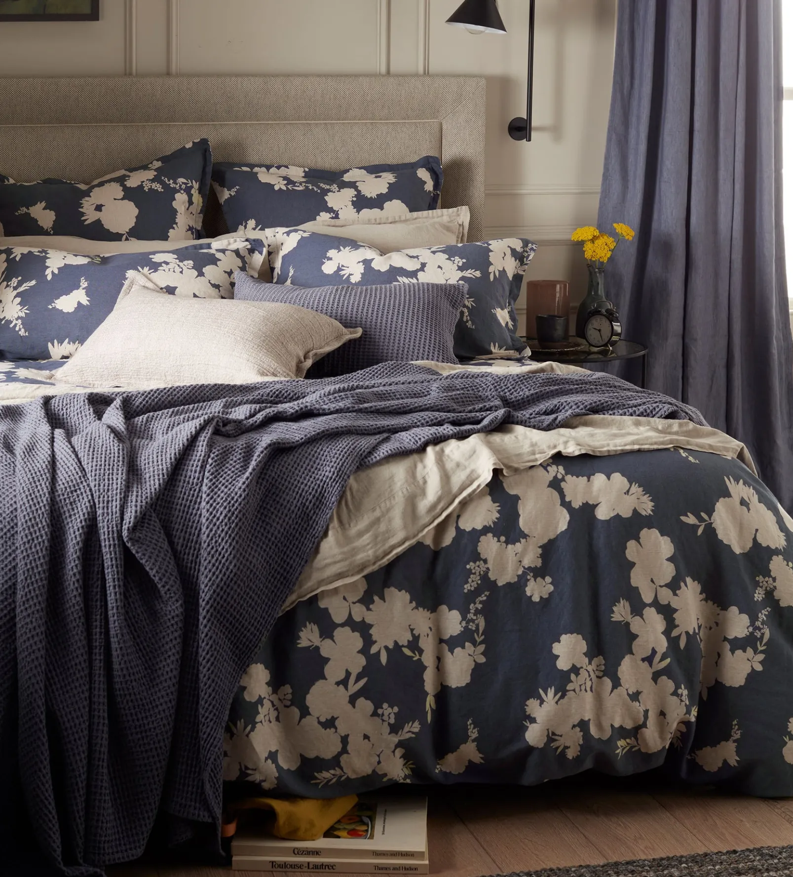 Ink Blue Flower Press Linen Blend Duvet Cover