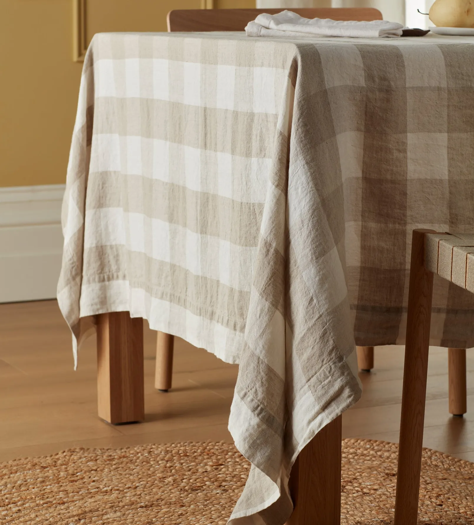 Natural Gracie Gingham 100% Linen Tablecloth
