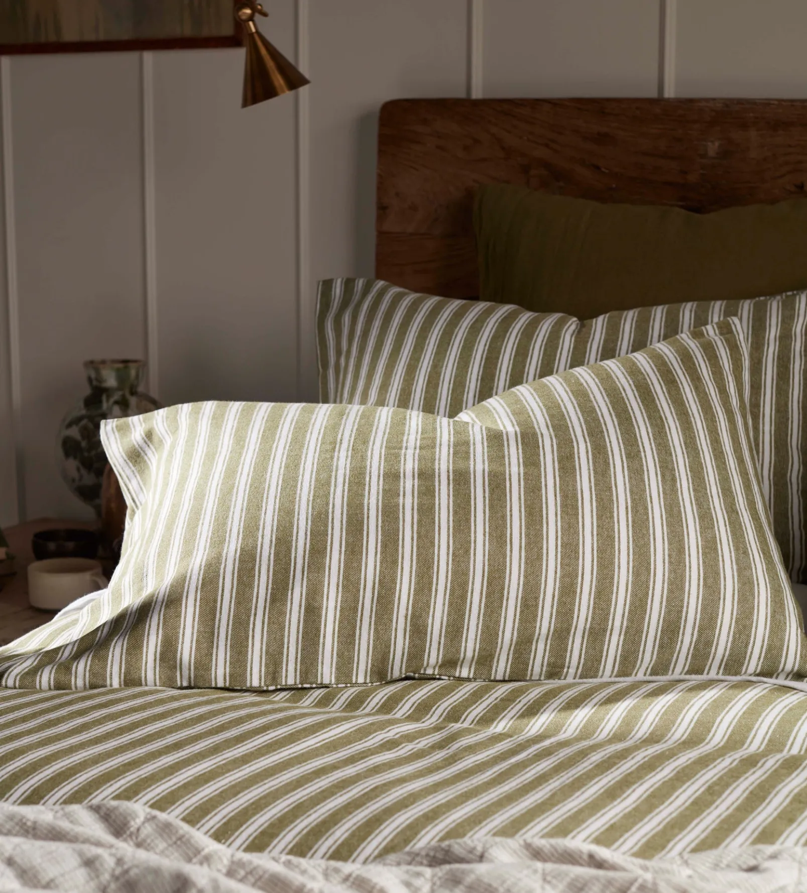 Olive Green Fred Stripe Brushed 100% Organic Cotton Pillowcase