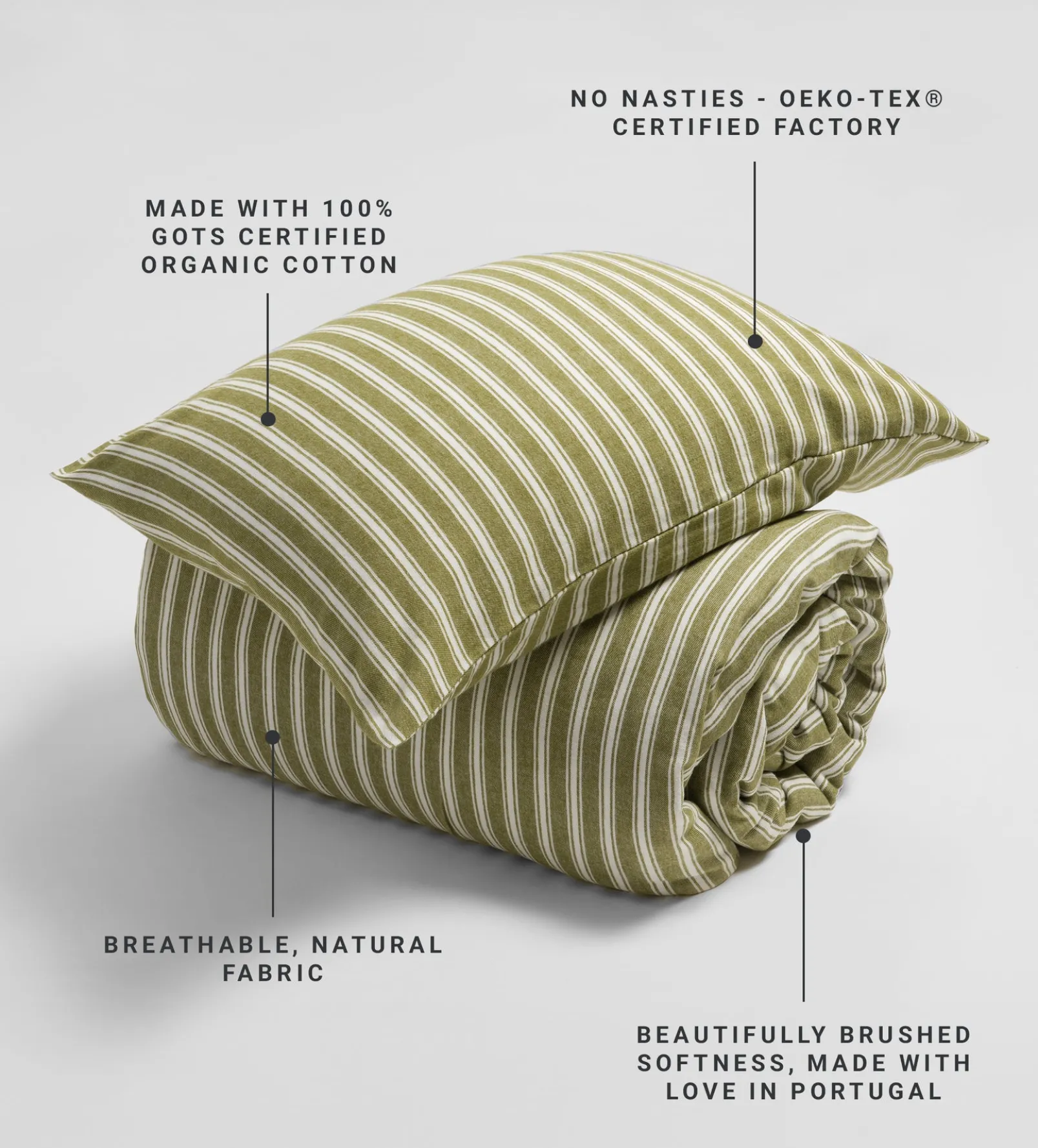 Olive Green Fred Stripe Brushed 100% Organic Cotton Pillowcase