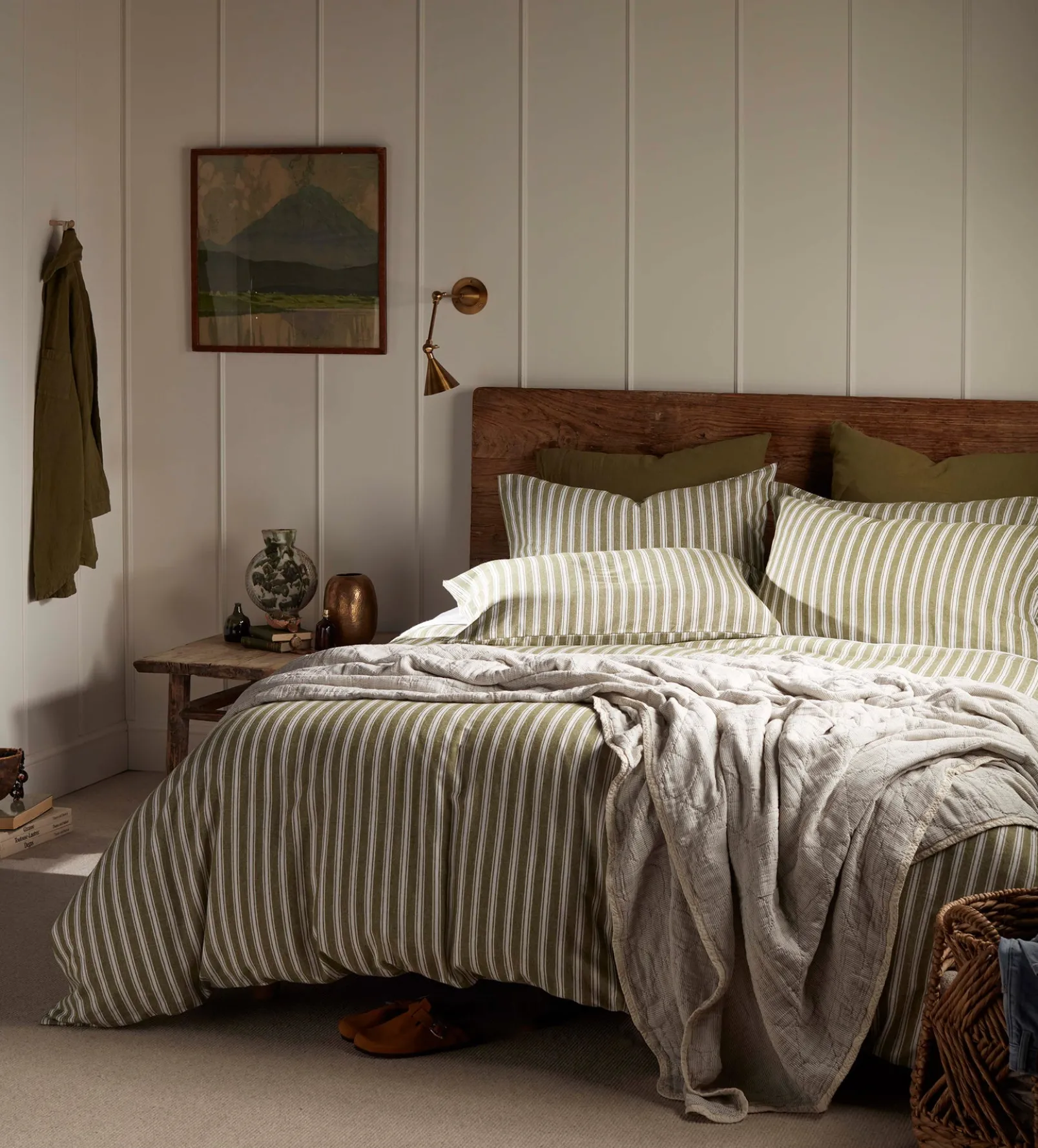 Olive Green Fred Stripe Brushed 100% Organic Cotton Pillowcase