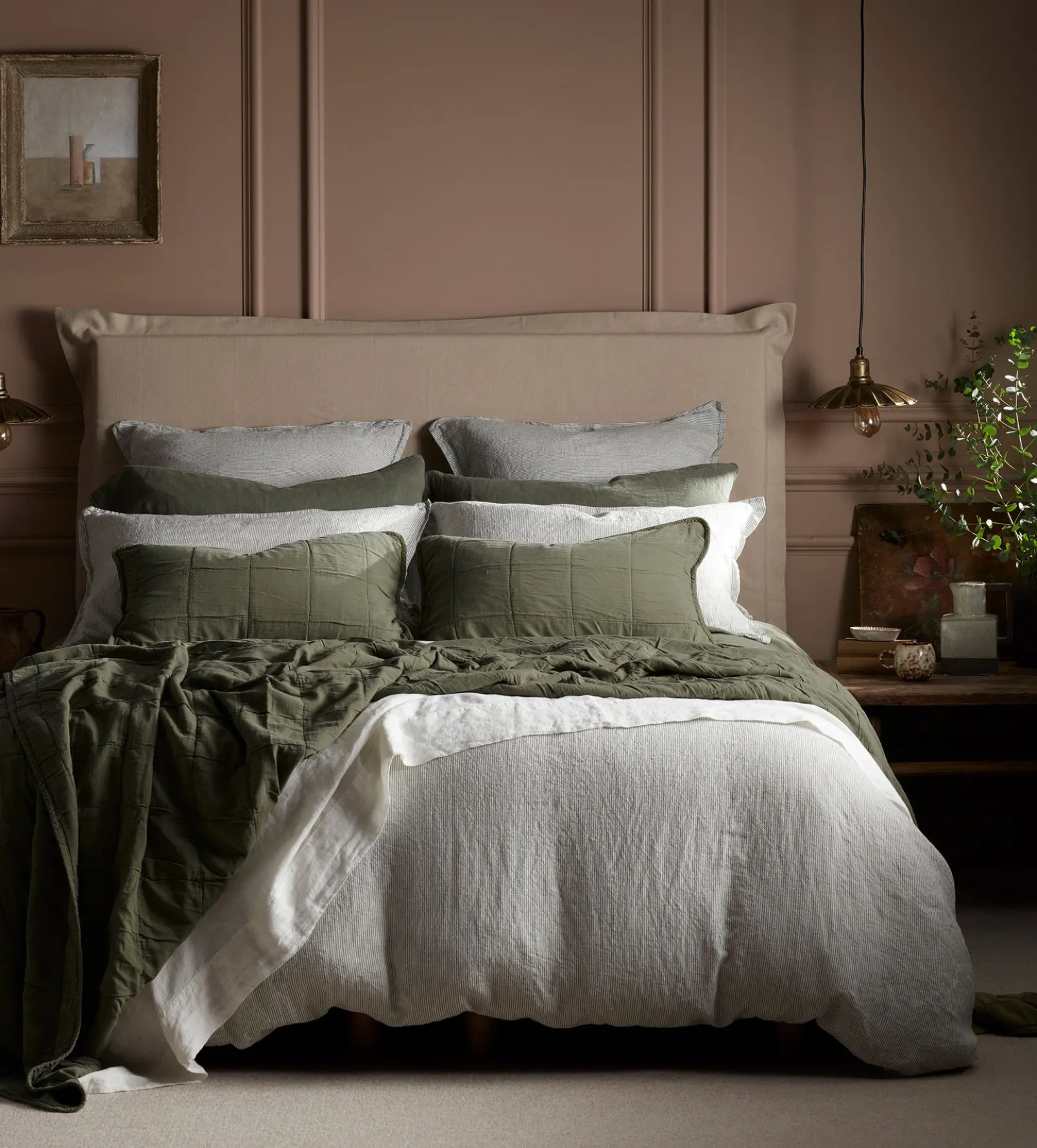 Olive Green Sid Stripe 100% Linen Duvet Cover