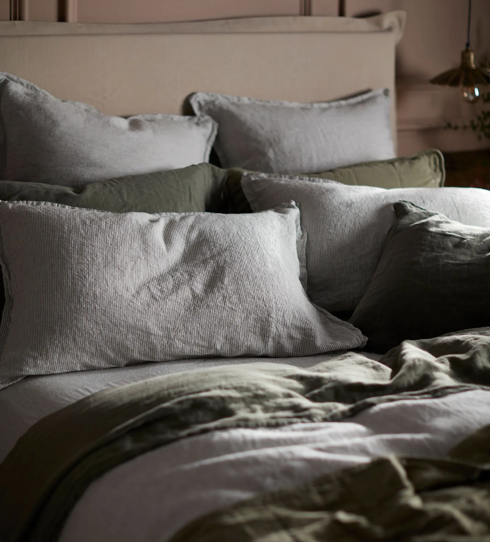 Olive Green Sid Stripe 100% Linen Duvet Cover