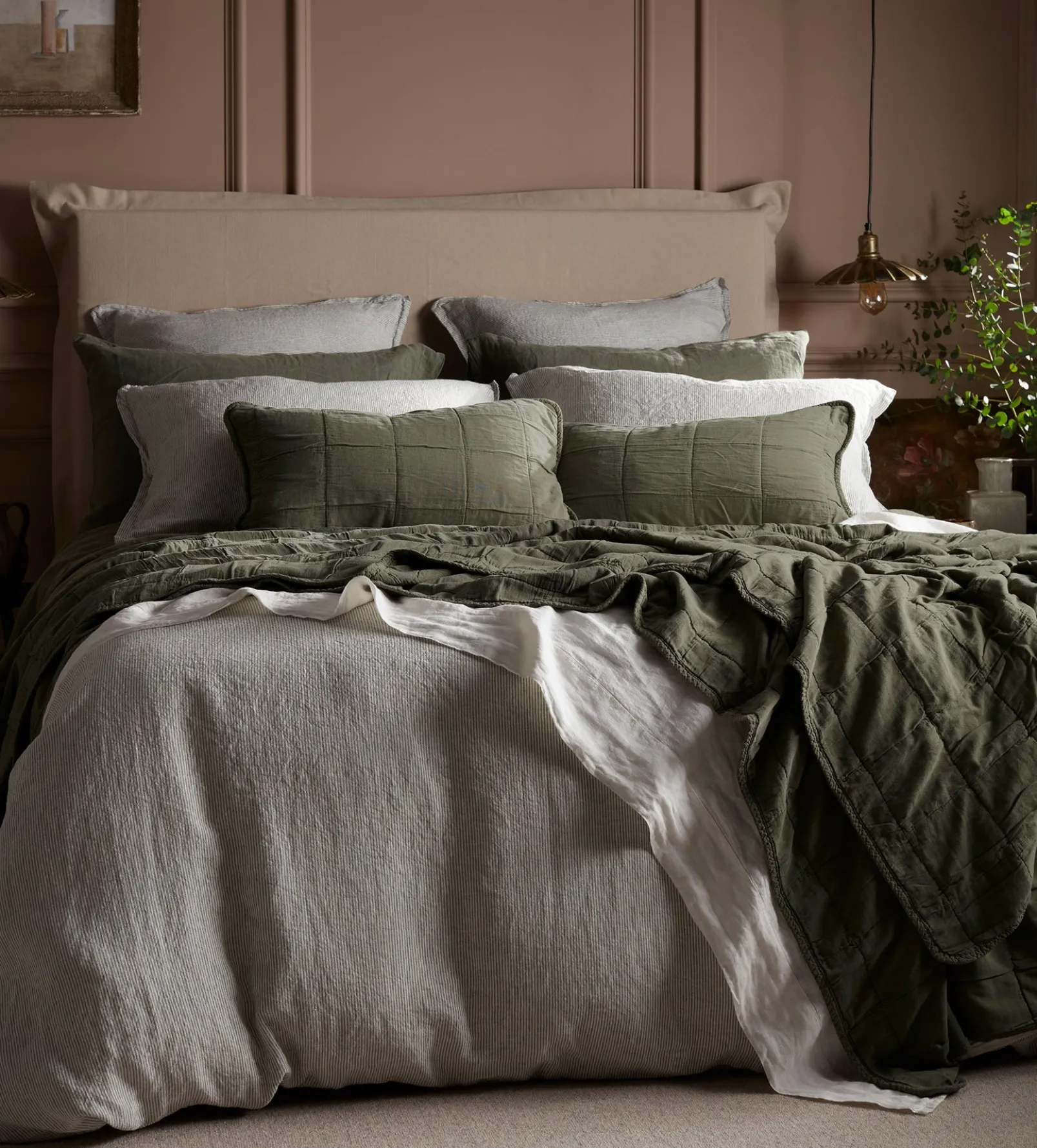 Olive Green Sid Stripe 100% Linen Duvet Cover
